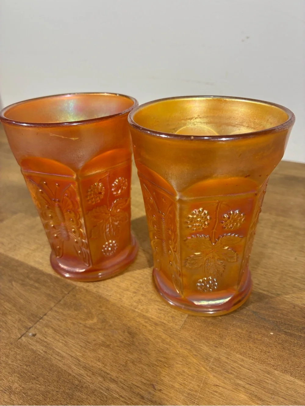 Fenton Butterfly & Berry Marigold Carnival Glass Tumblers Set of 2 Vintage